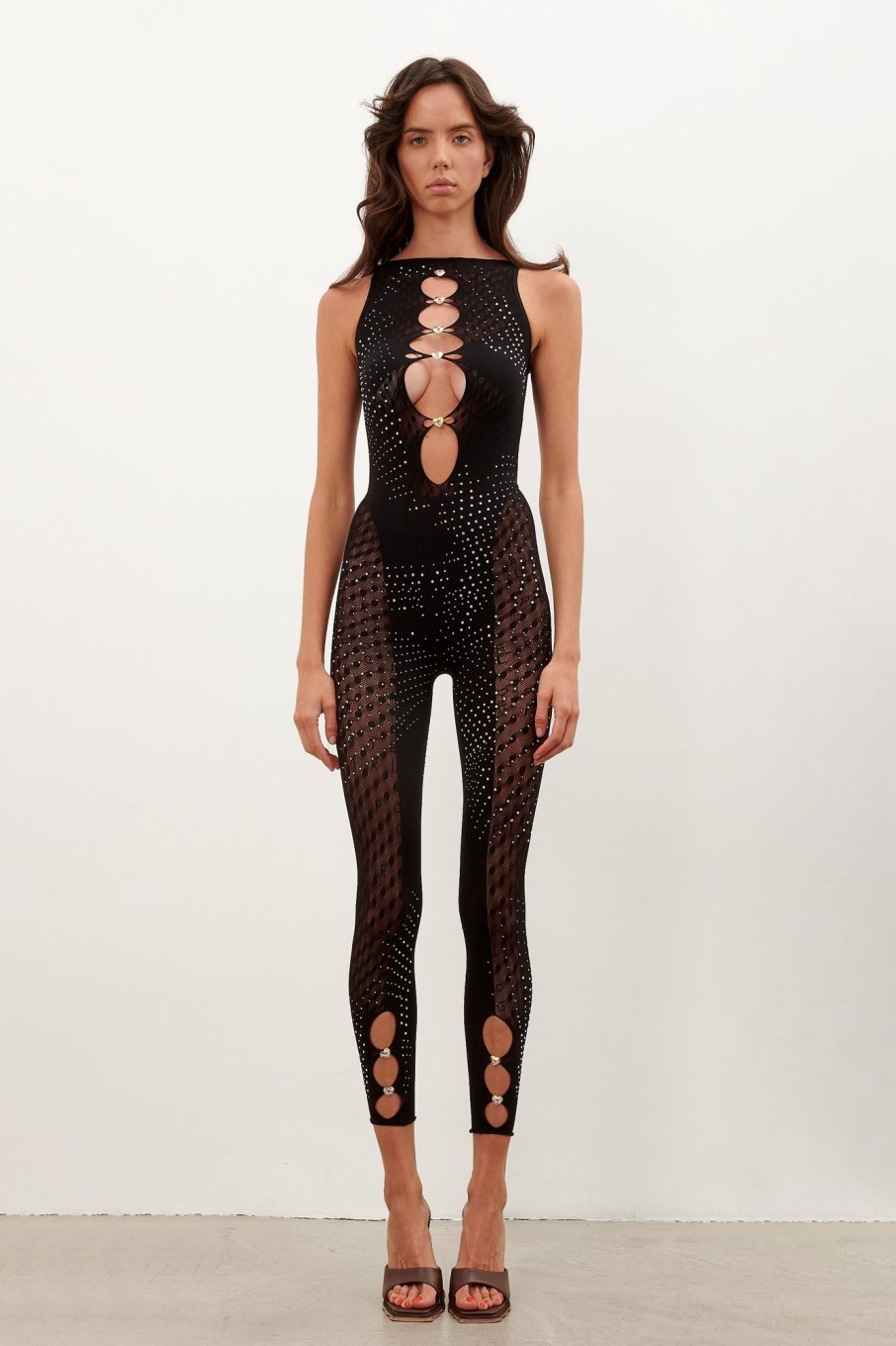 Jumpsuits & Rompers Poster Girl | Rhinestoned Janice Jumpsuit Jet Black